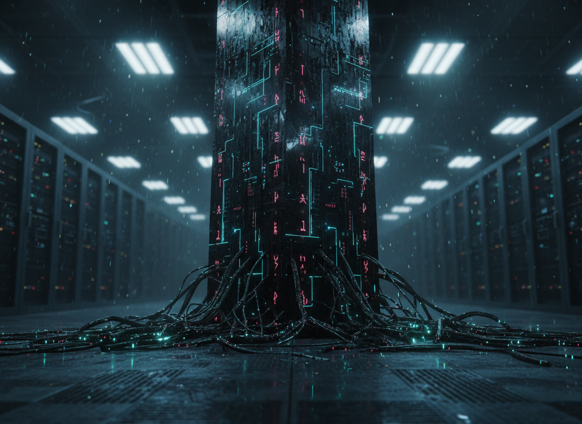 A colossal obsidian monolith, its surface etched with faintly glowing quantum circuit patterns and ancient runes, rises from a dark, rain-slicked data center floor. Tangled fiber-optic cables spill from its base like spectral roots, pulsing with dim teal and violet light. Overhead, flickering emergency LEDs cast harsh, cinematic side lighting that carves sharp reflections along the monolith’s mirror-black planes and leaves the far server racks sinking into shadowy bokeh. Shot from a low, wide-angle perspective, the composition centers the monolith as if it were an altar to rewritten reality. The atmosphere feels tense, mythic, and industrial, rendered in hyper-realistic, high-contrast cinematic style with subtle drifting dust and mist catching stray beams of light.
